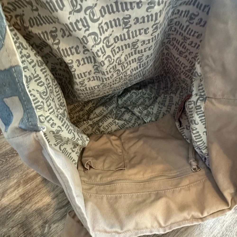 Y2K Choose Juicy Couture Tote Bag Distressed Silver Graphic Tan Canvas Large